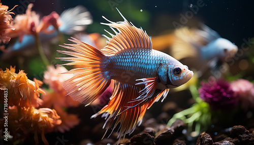 Colorful fish swim gracefully in a tropical underwater paradise generated by AI
