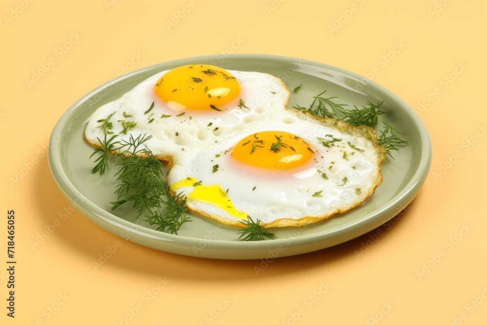 Classic Fried Eggs with a Twist, Garnished with Herbs, Presented on a Yellow Plate, Isolated Background, Generative AI Classic Fried Eggs with a Twist, Garnished with Herbs, Presented on a Yellow Plate, Isolated Background, Generative AI