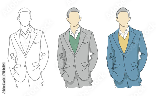 スーツを着た男性の線画イラスト/おしゃれなメンズファッション