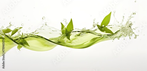 Flowing water waves with green leaves and splashes around it. generative AI