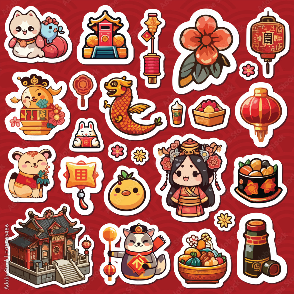 Chinese New Year sticker set printable vector illustration
