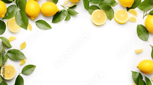 Yellow lemon with green leaf decoration in photo on white background. generative AI