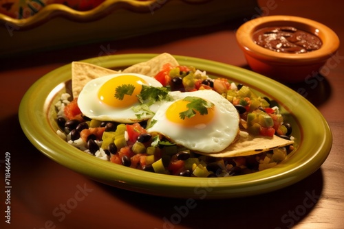 Mexican Style Huevos Rancheros with Fried Eggs, Salsa, and Guacamole, Plated on Yellow Dish, Generative AI