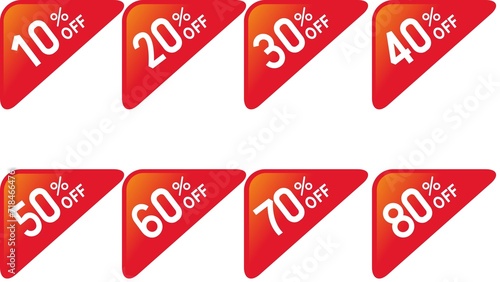 Different percent discount sticker discount price tag set. Red round speech bubble shape promote buy now with sell off up to10, 20, 30, 40, 50, 60, 70, 80 percentage illustration isolated on white photo