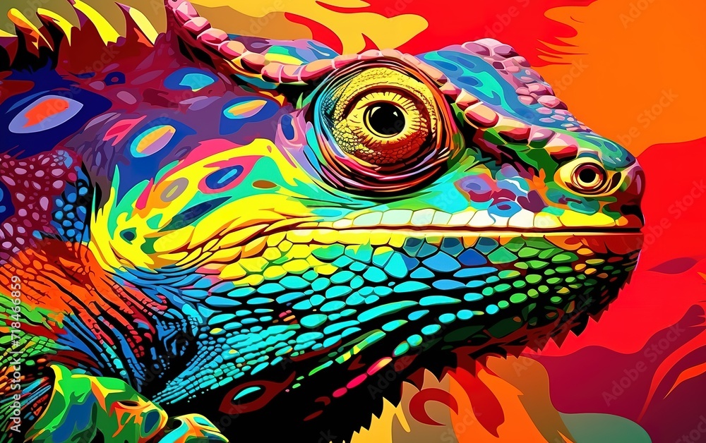 Close-up photo of a colorful iguana head. generative AI