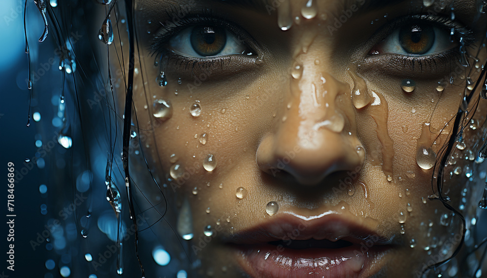 Young woman with wet hair, looking at camera, smiling serenely generative AI Young woman with wet hair, looking at camera, smiling serenely generative AI