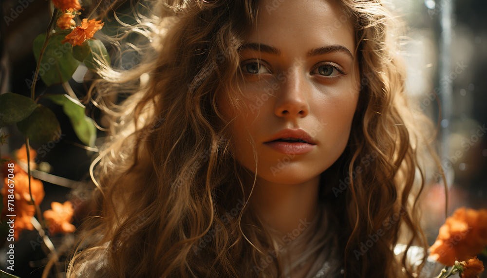 One young woman, outdoors, looking at camera, smiling, beautiful generative AI One young woman, outdoors, looking at camera, smiling, beautiful generative AI