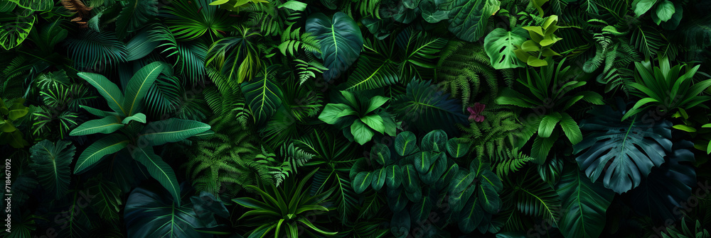 dark leafy vertical garden with green plants and tropical flowers in nature, generative AI dark leafy vertical garden with green plants and tropical flowers in nature, generative AI
