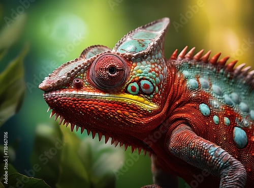 Close-up photo of a colorful iguana head. generative AI