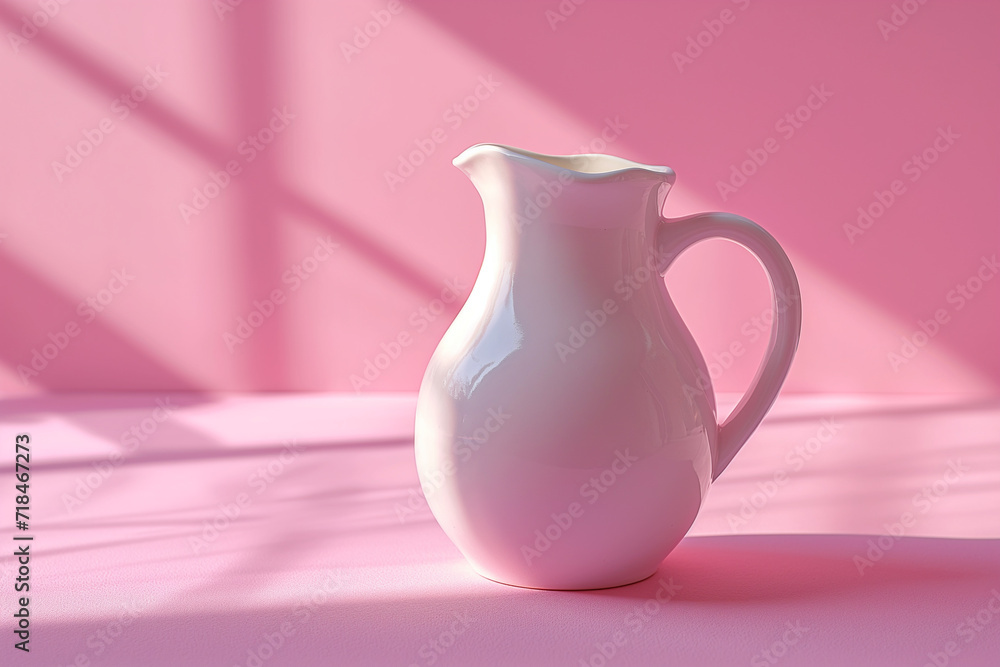 stock photo of a milk jug, on a pink background with bold contrasting color