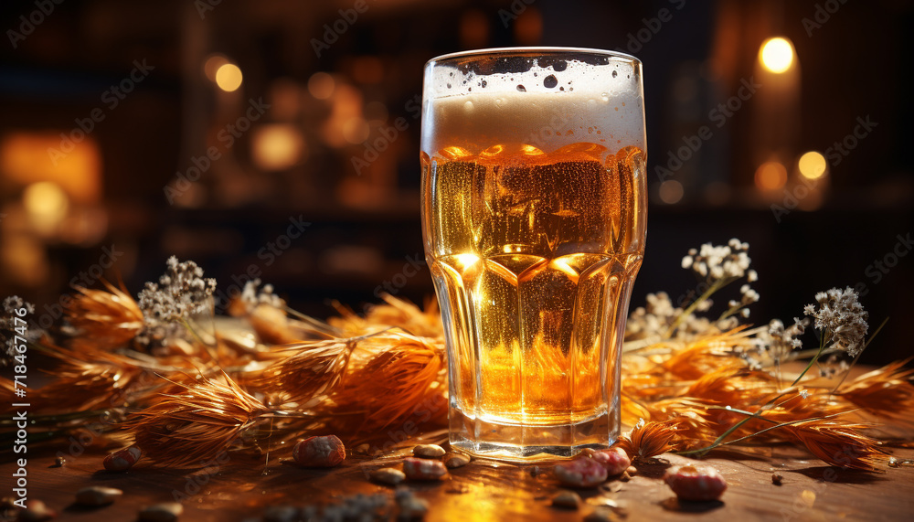 Frothy beer in pint glass, refreshing drink at rustic pub generative AI Frothy beer in pint glass, refreshing drink at rustic pub generative AI