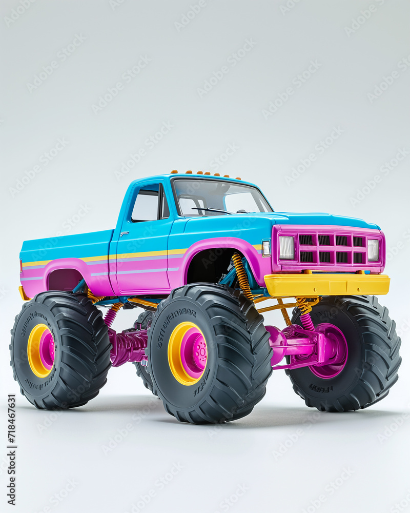 Plastic retro toy monster truck, pastel colors, white background