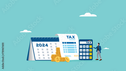 annual income tax filing, Doing taxes accounting and annual financial paperwork, tax form or annual notification of monthly duty and debt, businessman standing near a big calculator tax and calender