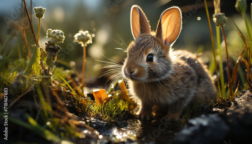 Fluffy baby rabbit sitting in green meadow, enjoying springtime generative AI photo