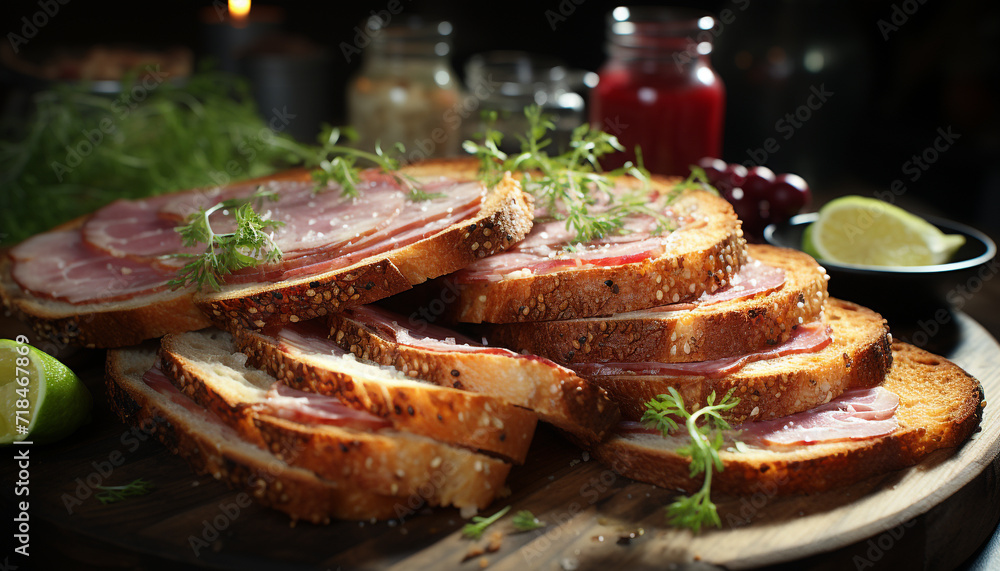 Grilled pork slice on bread, a healthy homemade lunch generative AI Grilled pork slice on bread, a healthy homemade lunch generative AI