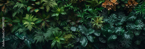 dark leafy vertical garden with green plants and tropical flowers in nature  generative AI