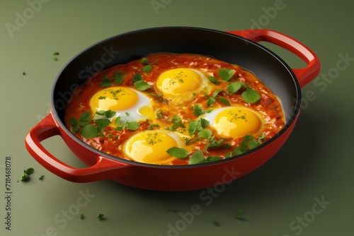 Spicy Shakshuka Style Fried Eggs, Served in a Yellow Pan on an Isolated Background, Generative AI © Box Milk