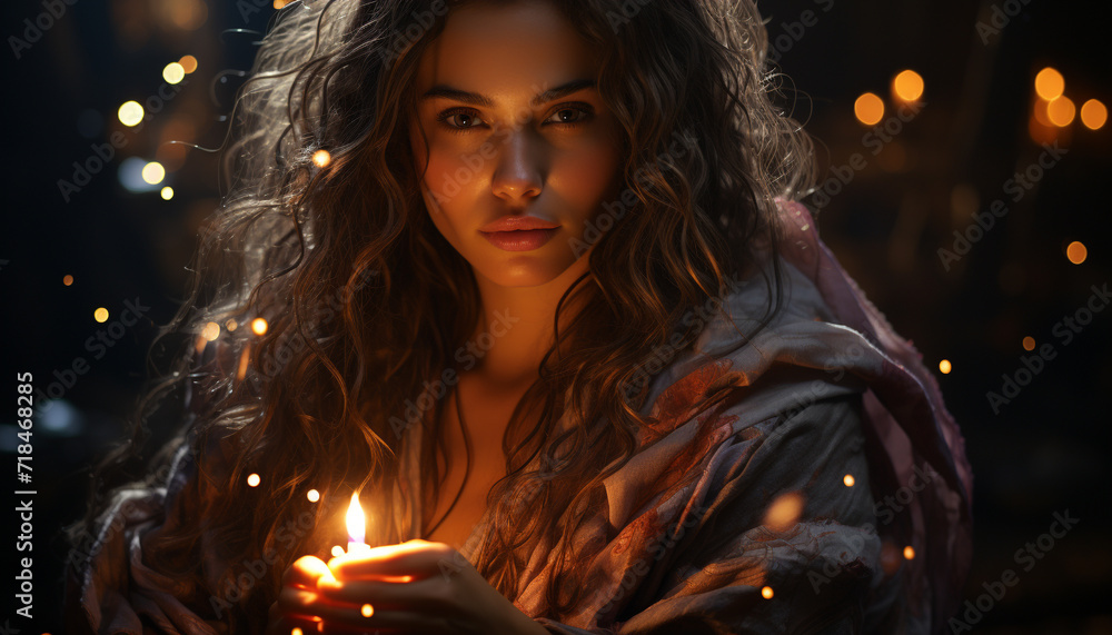 Young woman, illuminated by fire, smiling, looking at camera generative AI Young woman, illuminated by fire, smiling, looking at camera generative AI