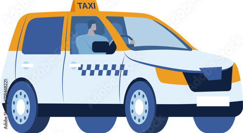 Driver in yellow taxi cab driving on road. Urban transportation and taxi service concept vector illustration.