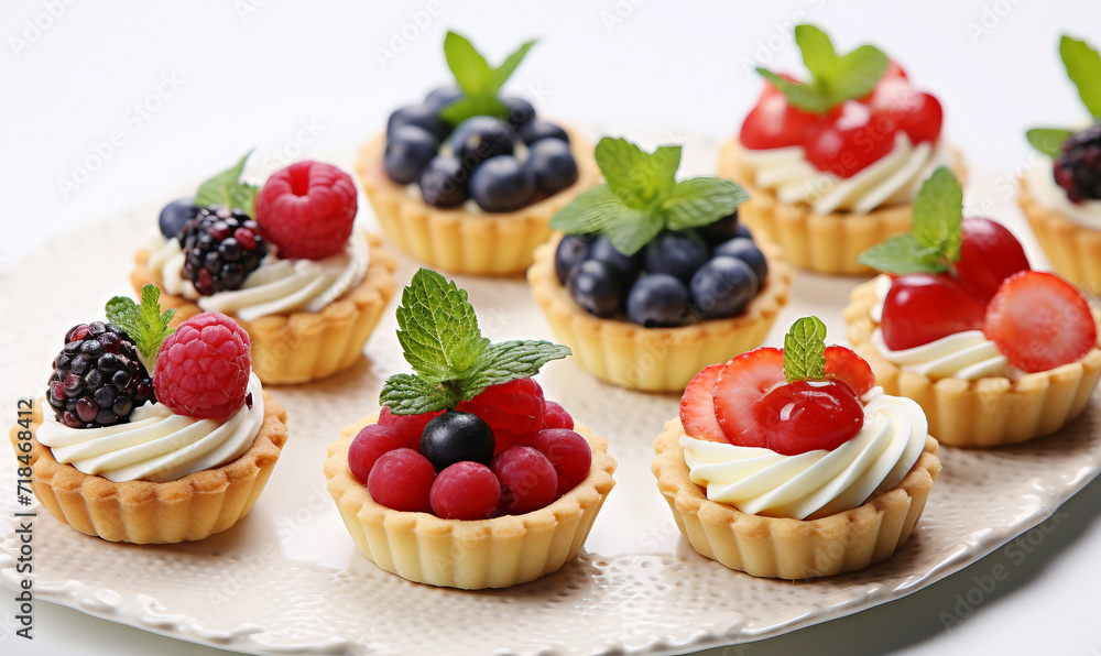 Delicious tartlets with berries and cream on plate, closeup Delicious tartlets with berries and cream on plate, closeup