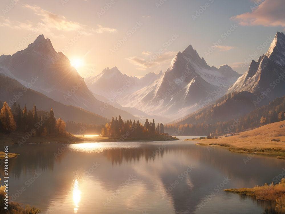 Towering Peaks and Pristine Lake in Golden Sunlight. Generative AI
