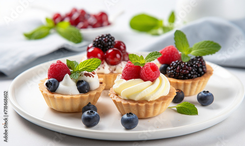 Tasty tartlets with berries and cream on plate, closeup