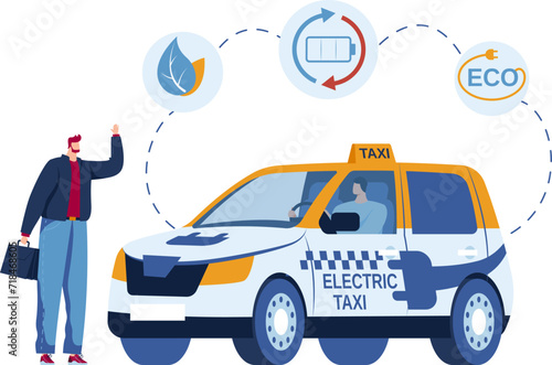 Businessman hailing eco-friendly electric taxi. Driver in sustainable energy vehicle. Modern urban transportation ecology concept vector illustration.