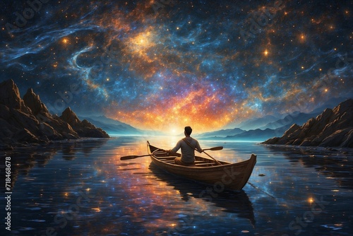 person in the boat"Starry Seas: Celestial Rowing Under Glowing Suns"