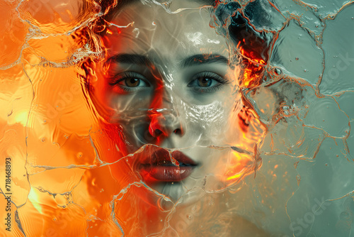 underwater portrait. Fire and Water. Cracked porcelain mask, water flames lick a woman's face, surreal depths whisper secrets. Fractured beauty, ethereal dance.myths reborn. Close-up mystery, blurred 