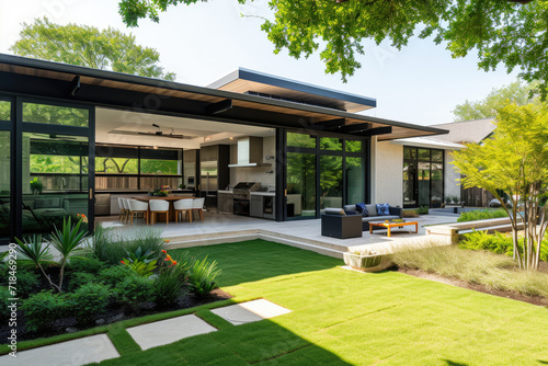 Contemporary suburban home with a landscaped backyard and outdoor kitchen © Kien