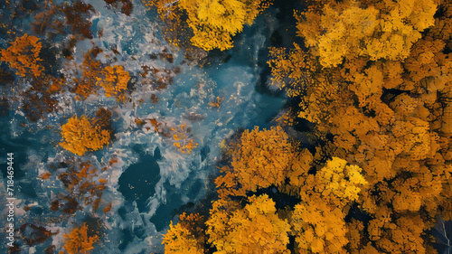  Aerial photo of Trees just before Autumn or fall, the first trees starting to turn golden orange.