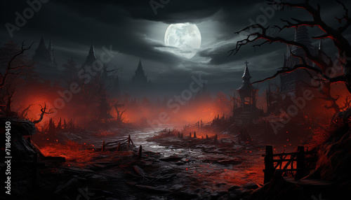 Spooky Halloween night, dark horror mystery in evil hell forest generated by AI