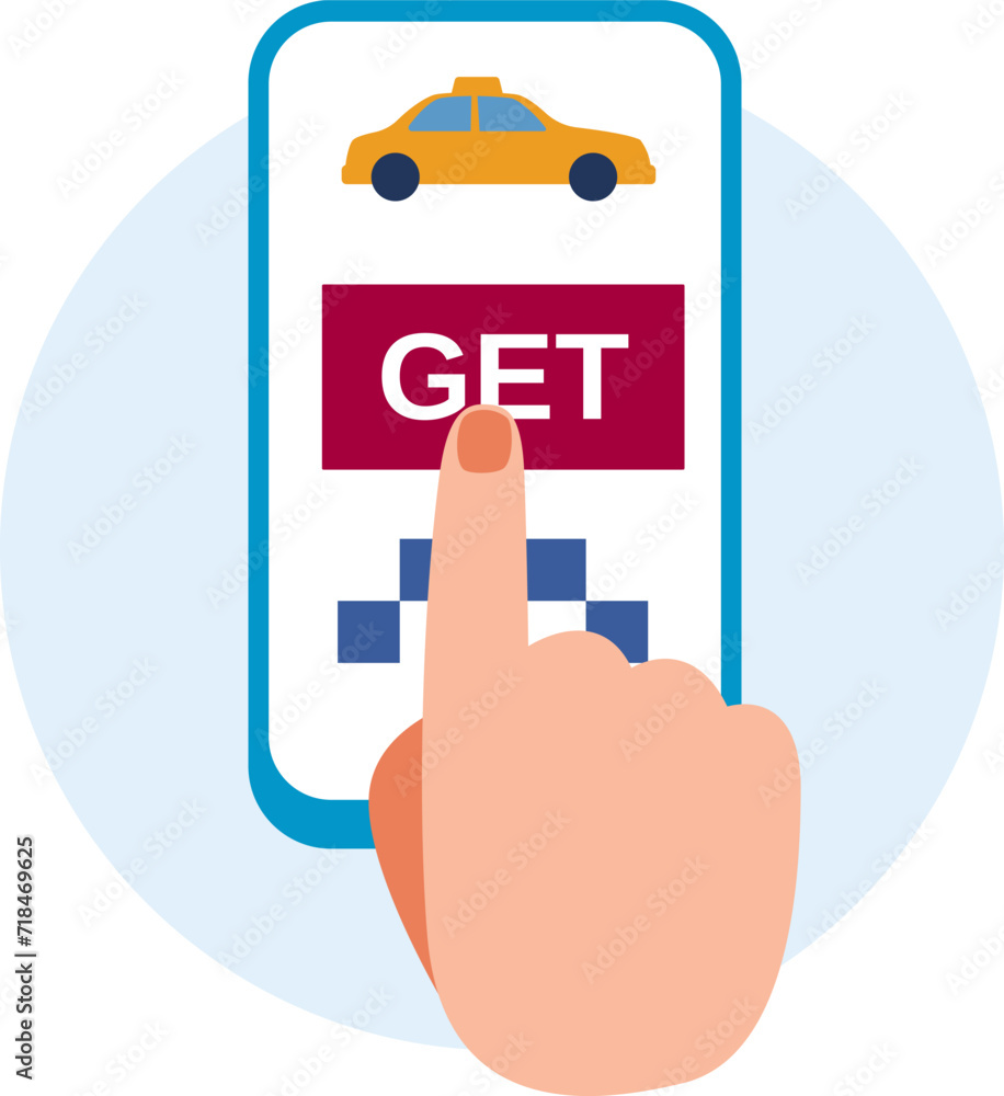 Hand pressing 'GET' button on a taxi service app on a smartphone screen. Online taxi booking concept, mobile transportation app vector illustration. Hand pressing 'GET' button on a taxi service app on a smartphone screen. Online taxi booking concept, mobile transportation app vector illustration.