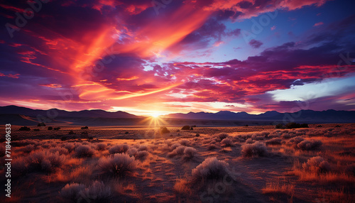 Sunset over the mountain range, a tranquil scene of nature generated by AI © Jemastock