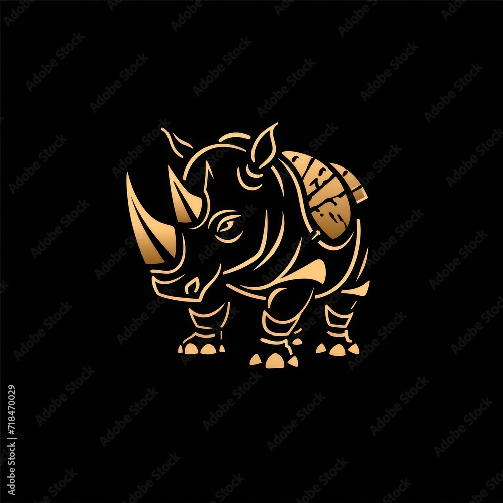 Fototapeta premium A gold rhino logo incorporating a defense concept, conveying a sense of sturdiness, strength, elegance, modernity, luxury, and boldness for the company