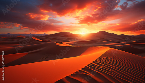 Sunset over the African desert, a tranquil scene of beauty generated by AI
