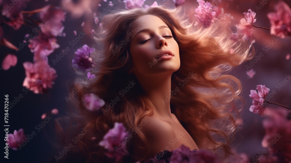Portrait of beautiful woman in serene spring mood with flowers and blossom.
