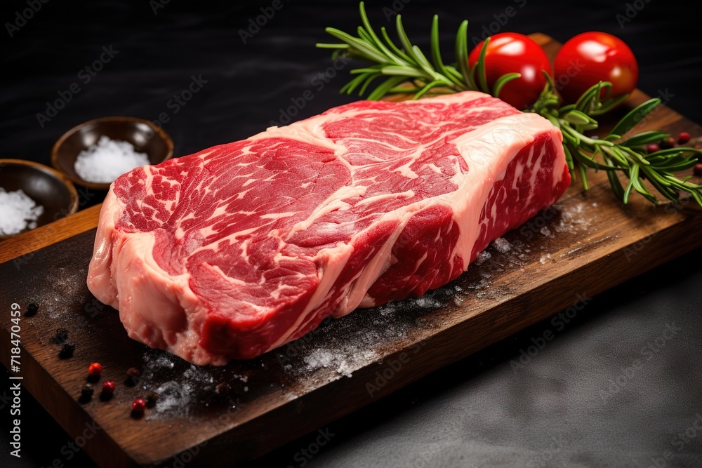 Beef slices garnished with rosemary leaves on the side. generative AI Beef slices garnished with rosemary leaves on the side. generative AI