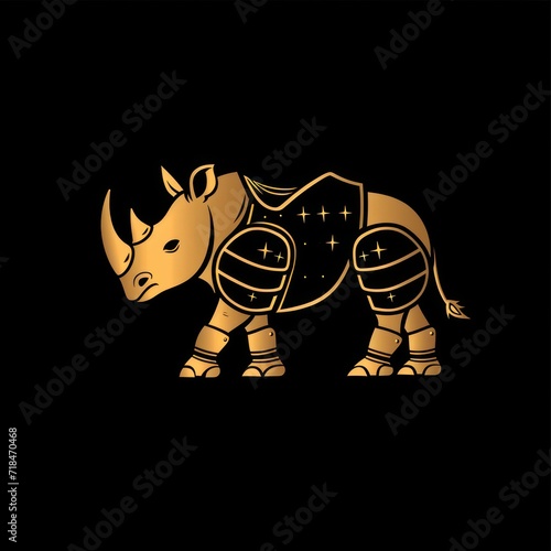 Gold rhino logo with a defense concept  conveying sturdiness  strength  elegance  modernity  luxury  and boldness for the company