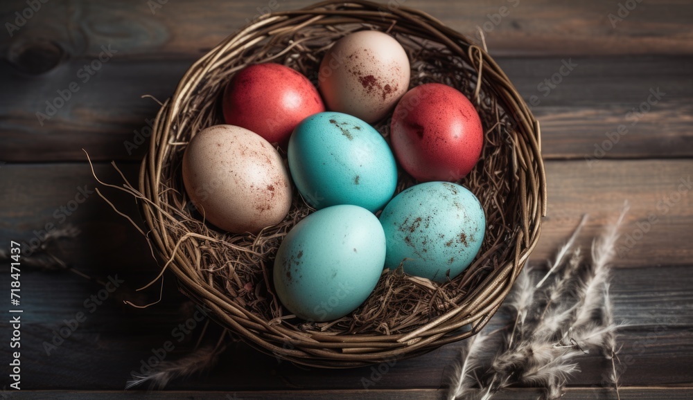 Multicolored Easter eggs in basket. Multicolored Easter eggs in basket.