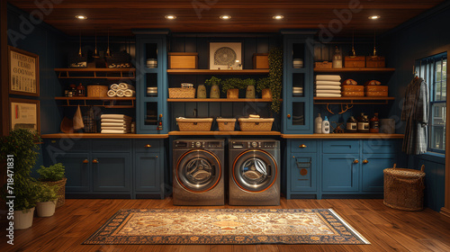 Laundry room - perfect symmetry - washer and dryer - clothes hamper - storage - shelves - plenty of space  photo