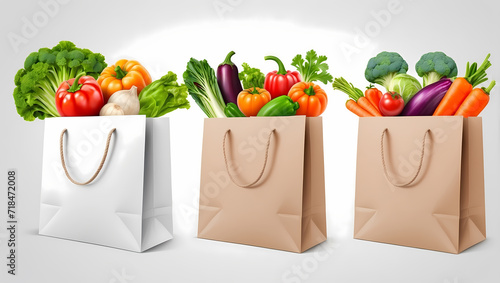 Paper bag with vegetables and bottle of juice on white background photo