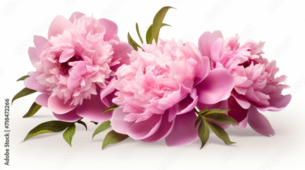 Close-up of lush pink peonies with soft petals and green leaves isolated on a white background.