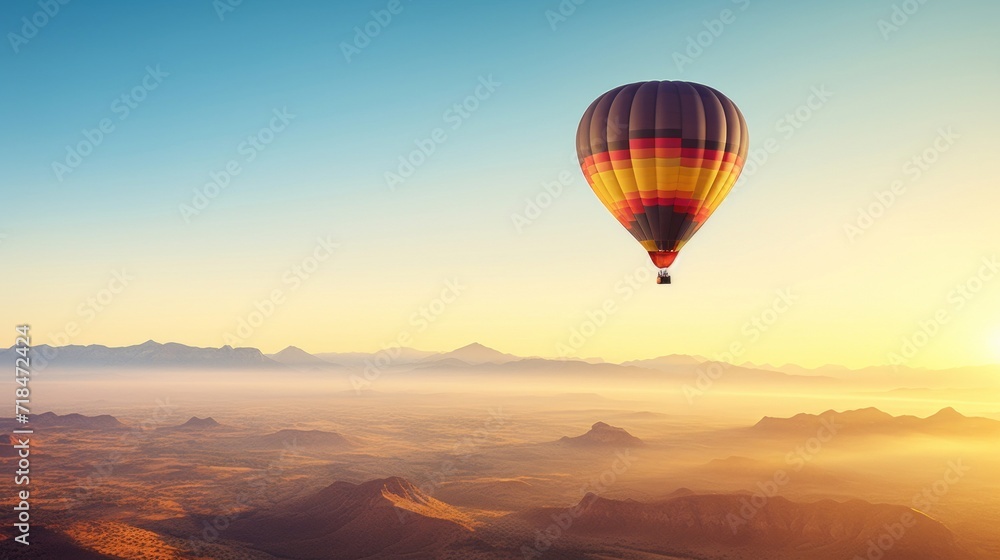 A colorful hot air balloon floats peacefully over a tranquil desert landscape at sunrise.
