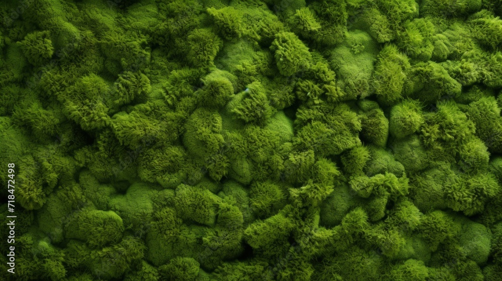 Close-up of dense, lush green moss covering a surface, creating a natural textured background with a sense of freshness.