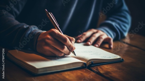 Close-up of a person's hands writing in a lined notebook, capturing thoughts on paper. photo