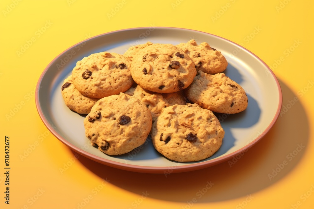 Gourmet Oatmeal Raisin Cookies, Freshly Baked and Displayed on a Yellow Plate, Generative AI Gourmet Oatmeal Raisin Cookies, Freshly Baked and Displayed on a Yellow Plate, Generative AI