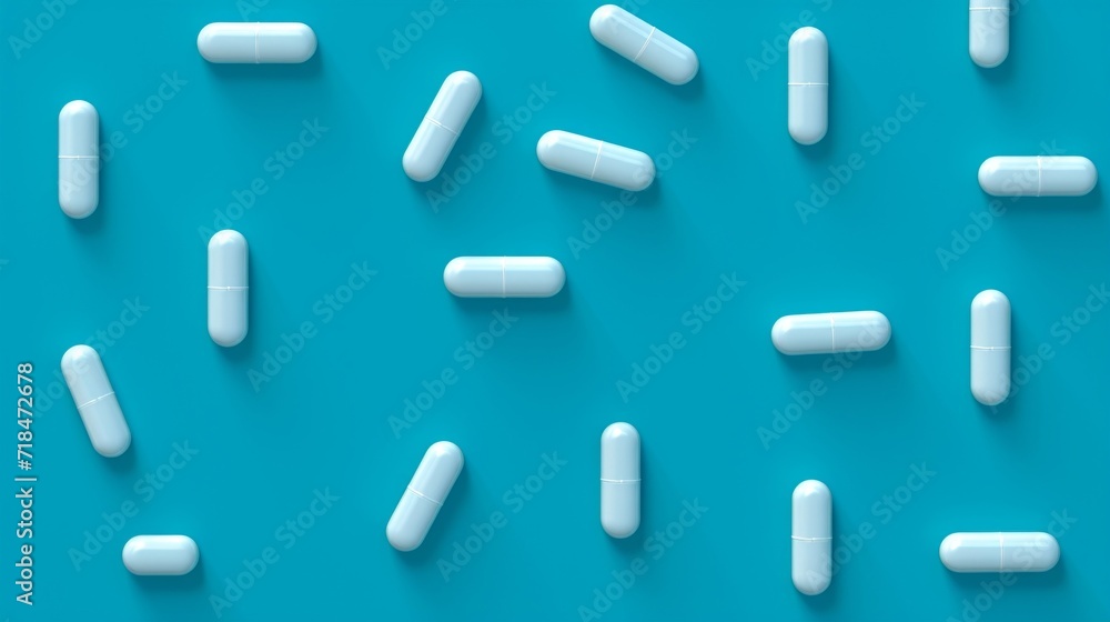 Scattered white medical capsules on a cyan blue background, depicting pharmaceutical care. Scattered white medical capsules on a cyan blue background, depicting pharmaceutical care.