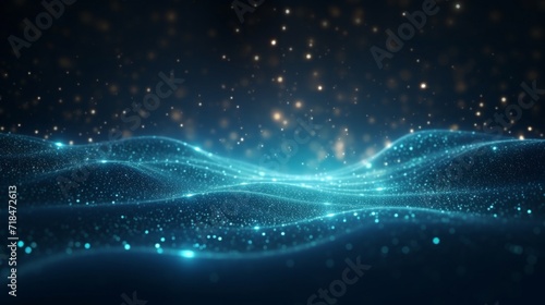 Dynamic blue particles forming a wavy network pattern, symbolizing connectivity and digital technology on a dark background.