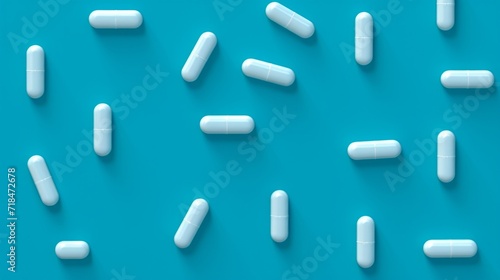 Scattered white medical capsules on a cyan blue background, depicting pharmaceutical care.